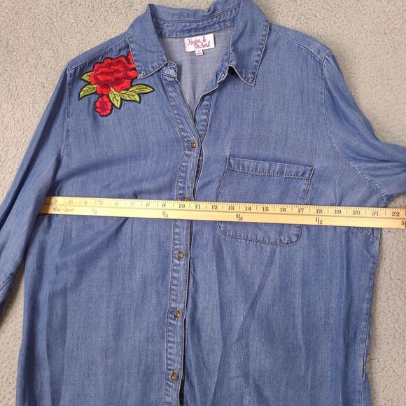 Hester & Orchard‎ Womens Top Small Blue Button Up Shirt Roll Tab Flower Tencel - Picture 6 of 13